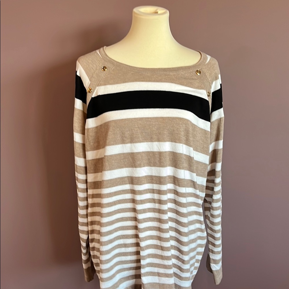 Karen Scott Striped Beige and White Sweater